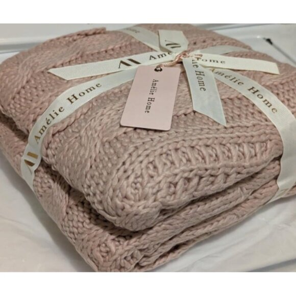 Pink Cable Knit Throw Blankets Soft Cozy and Lightweight Chunky Wool